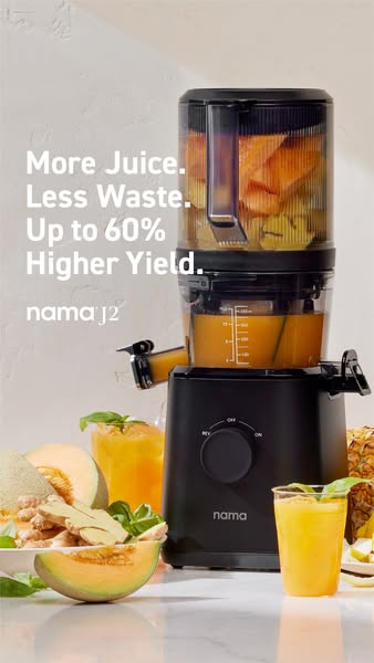 This ad showcases a juicer and states its features of producing more juice, creating less waste, and providing up to 60%