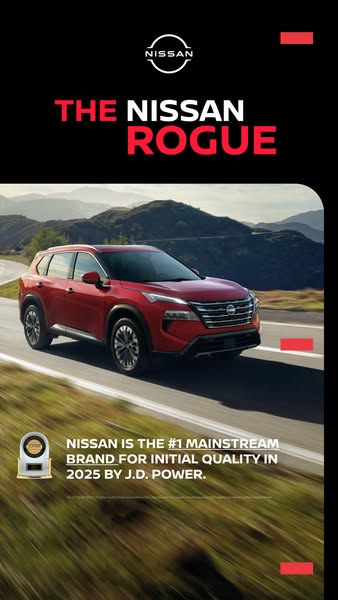 This ad showcases the Nissan Rogue, highlighting its quality as the #1 mainstream brand for initial quality in 2025 by J