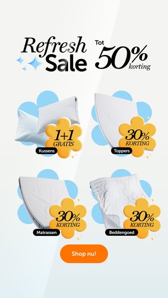 This ad promotes a 'Refresh Sale' with up to 50% off on various bedding items. The visual features a grid of pil