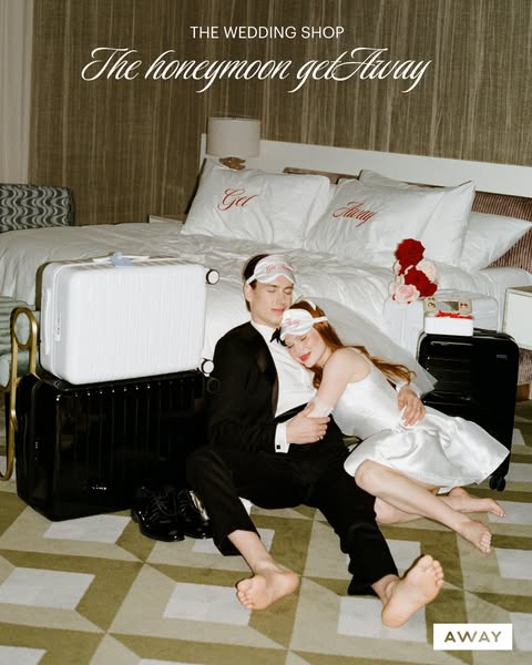 An image ad for AWAY luggage, showcasing a newly married couple on their honeymoon with their AWAY luggage.