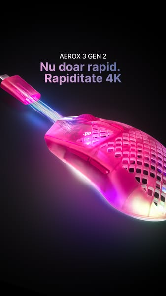 This ad shows a close-up of the Aerox 3 Gen 2 mouse, emphasizing its speed and 4K capabilities with a simple text overla