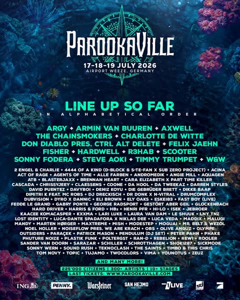 This ad is a promotional image for the Parookaville music festival in Germany, listing the festival dates, location, and