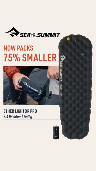 An advertisement for the Ether Light XR Pro sleeping pad by Sea to Summit, emphasizing its compact pack size and suitabi