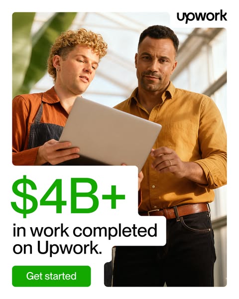 This ad for Upwork features two men looking at a laptop and highlights that $4B+ in work has been completed on Upwork.