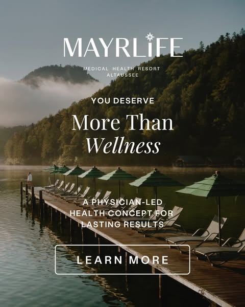 This image ad promotes MayrLife, a medical health resort in Altaussee, by showcasing a serene lakeside view with the hea