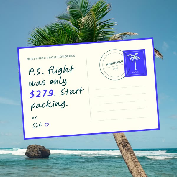 The ad simulates a postcard being sent from Honolulu with an offer of a flight to Honolulu for $279.00.