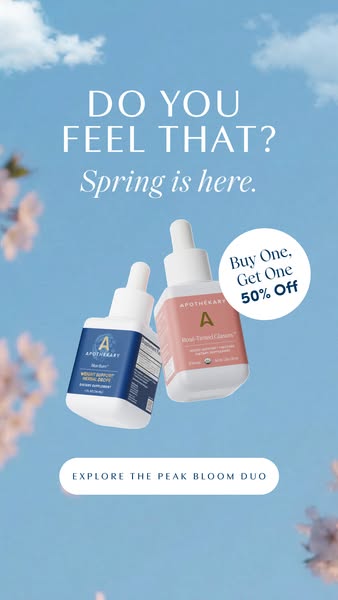 This image ad features two Apothecary brand serum bottles against a light blue sky with cherry blossoms. The ad promotes