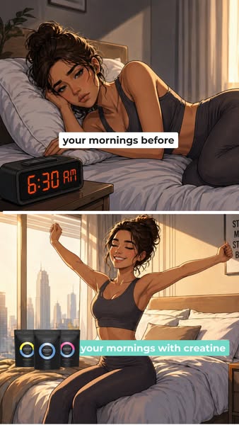 This ad uses a before and after format to highlight the benefits of using creatine. The top half depicts a woman tired i