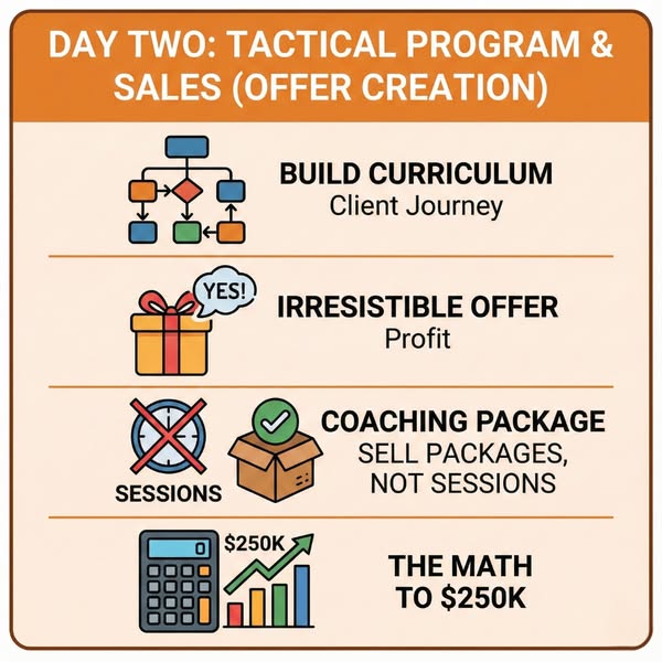 This ad uses simple icons to represent a sales program that guides users through offer creation, curriculum building, an