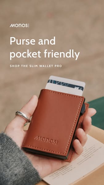 This ad showcases the Monos Slim Wallet Pro, emphasizing its compact design and suitability for both purses and pockets.