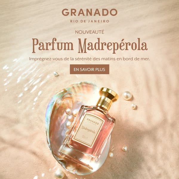 This ad showcases Granado's 'Parfum Madrepérola' with a luxurious and serene aesthetic, emphasizing the frag