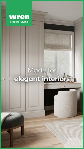This image ad showcases a bedroom with built-in closets and a vanity area with a chair. The ad promotes the Wren brand a