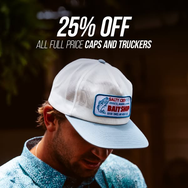 This ad promotes Salty Crew caps and trucker hats at a discounted price of 25% off. It features a man wearing a light bl