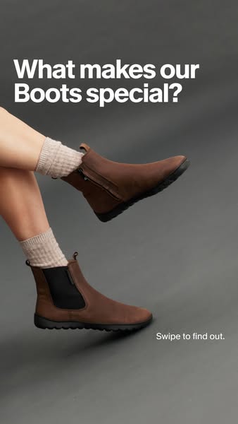 This ad showcases a pair of brown boots and prompts the viewer to swipe to find out what makes them special.