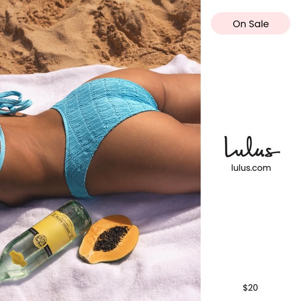 This ad showcases a light blue bikini on a sandy beach background. The ad features minimal text, highlighting the brand&