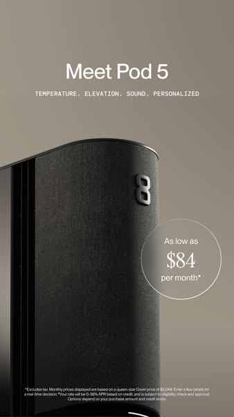 This image ad for Eight Sleep's Pod 5 showcases the product and its features while offering a monthly payment plan.