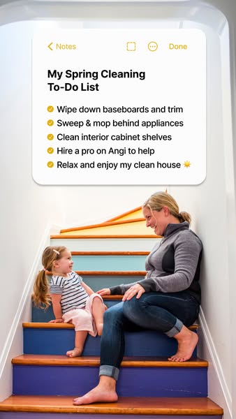 This ad shows a mom and daughter sitting together on a staircase with a list of Spring cleaning tasks above them. The li