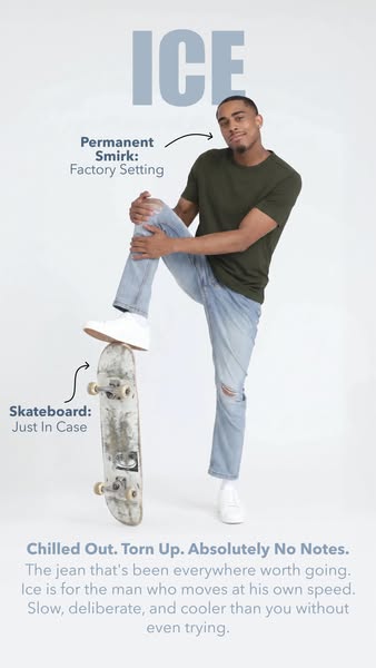 This image ad promotes Ice brand jeans by showcasing a man wearing the jeans and using annotations to highlight the prod