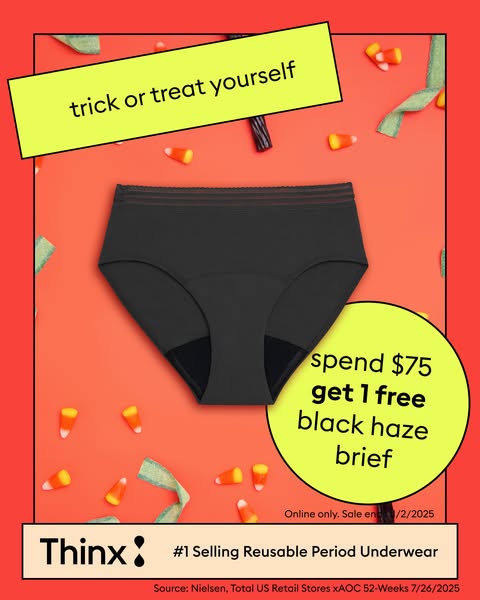 This ad for Thinx reusable period underwear features a Halloween theme and an offer to get a free pair of black haze bri