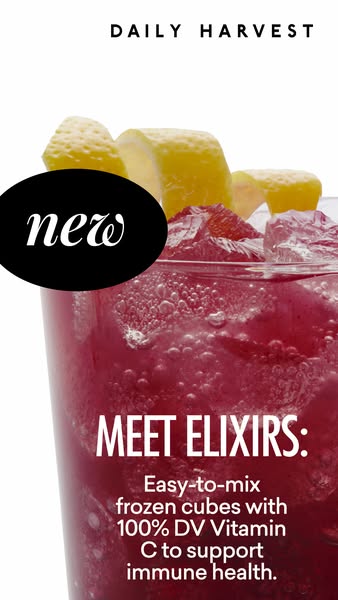 This ad introduces Daily Harvest's new Elixirs, which are easy-to-mix frozen cubes with 100% DV Vitamin C to support