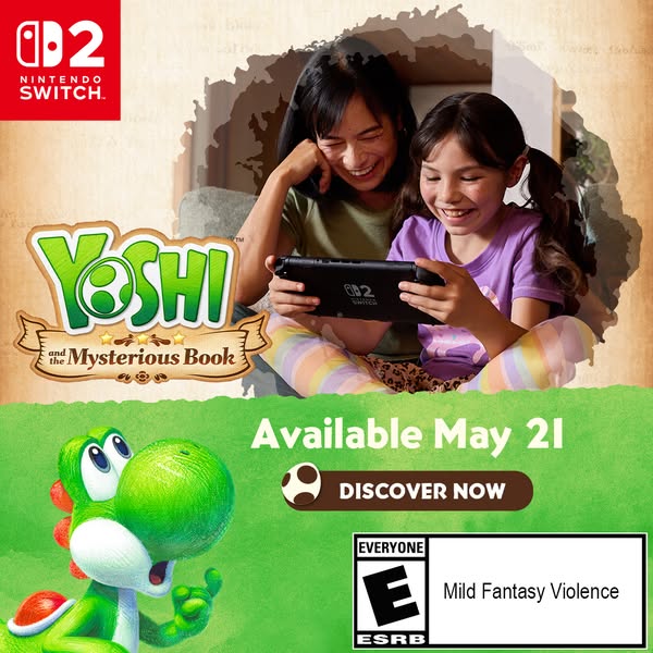 This image ad is for the Nintendo Switch game Yoshi and the Mysterious Book, targeting families who enjoy playing video 
