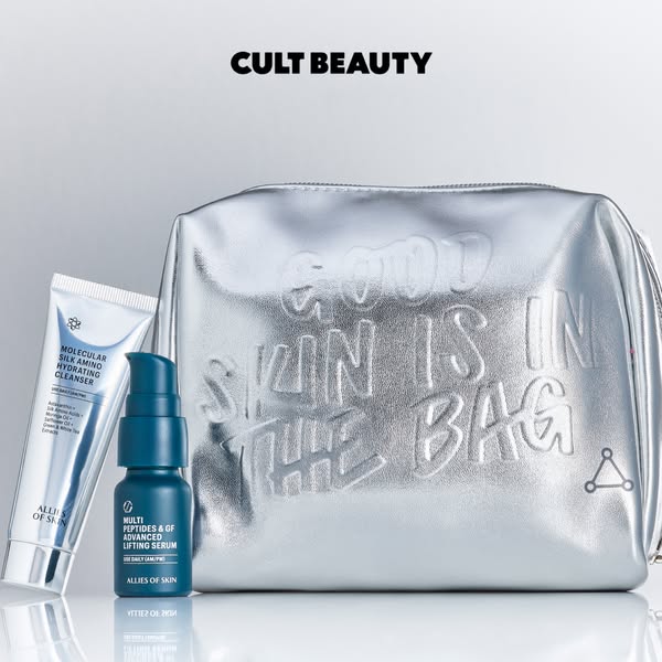 Image showcases two Allies of Skin products along with a silver cosmetic bag from Cult Beauty. The bag has embossed text