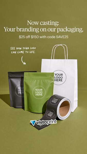 This image ad by Vistaprint promotes their custom branding options for packaging, including bags and stickers. It featur