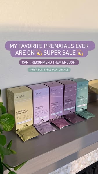 This ad promotes Perelel prenatal vitamin packs. The ad uses messaging bubbles to highlight a super sale and recommends 