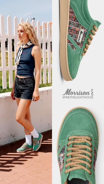 This ad features a model wearing the advertised Morrison brand shoes in an outdoor setting with close-up shots of the sh