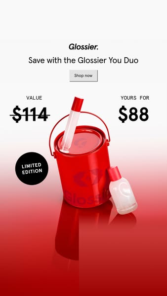 The Glossier ad promotes the Glossier You Duo in a fun, engaging way that uses a red paint bucket to portray the brand&#