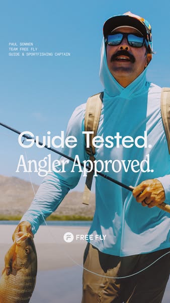 This ad features a fishing guide and sportfishing captain who is promoting Free Fly apparel. The ad uses the testimonial