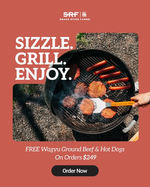 This ad from Snake River Farms promotes a free Wagyu ground beef and hot dogs with orders of $249 or more. The image sho