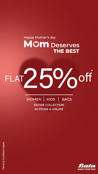 This ad wishes the viewer a happy Mother's day and advertises a 25% off flat discount for women's, kids', an
