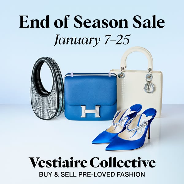 This image ad for Vestiaire Collective promotes an end-of-season sale on pre-loved designer items.