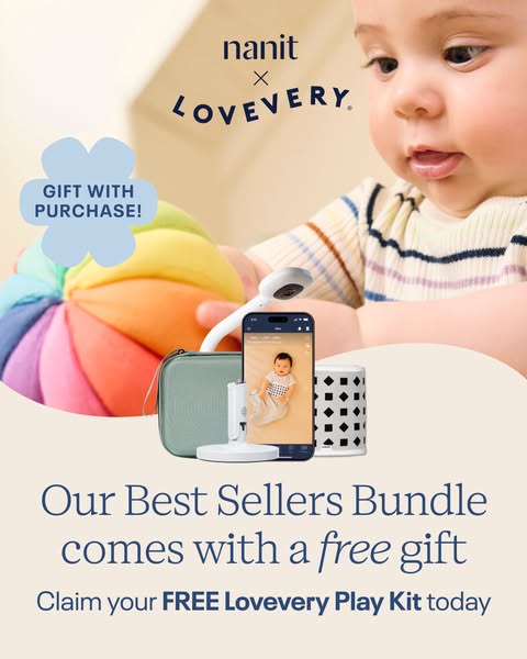 This image ad promotes a Nanit baby monitor bundle in partnership with Lovevery, offering a free Lovevery Play Kit as a 