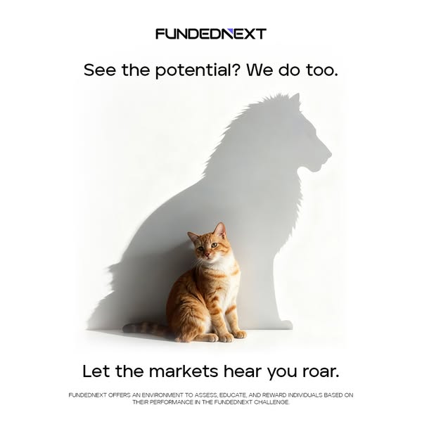 This ad aims to highlight the potential that FundedNext can offer by using the image of a cat casting the shadow of a li