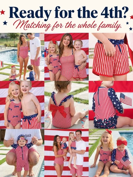 This ad displays families wearing matching swimwear in red, white, and blue patterns, suggesting it's the perfect at