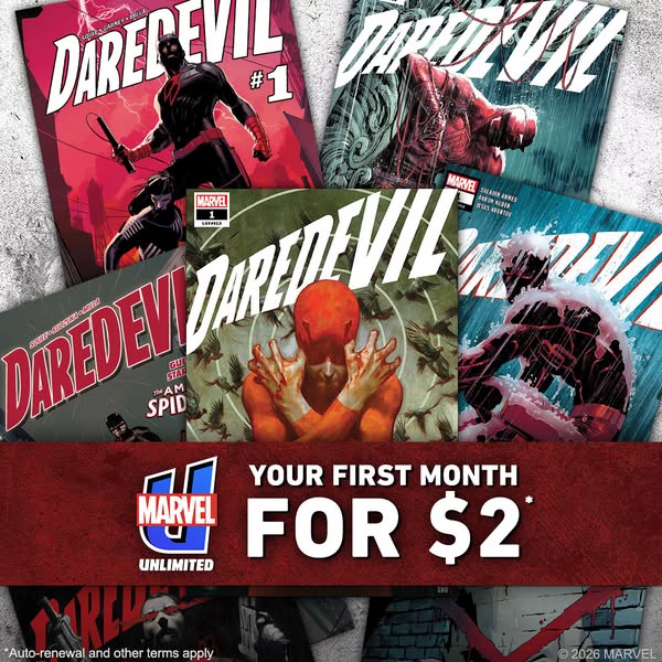 An advertisement for Marvel Unlimited, featuring a collection of Daredevil comic book covers and promoting a special off