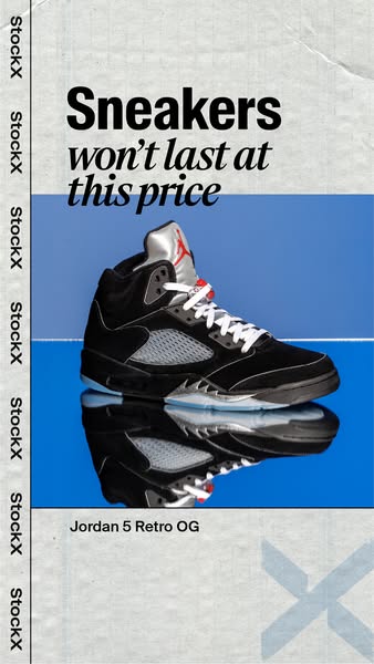 This StockX image ad promotes Jordan 5 Retro OG sneakers. The ad features a bold headline, a high-quality image of the s