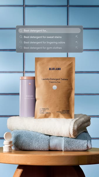 This ad is for Blueland laundry detergent tablets. The ad plays on the common search for detergents that are good for re