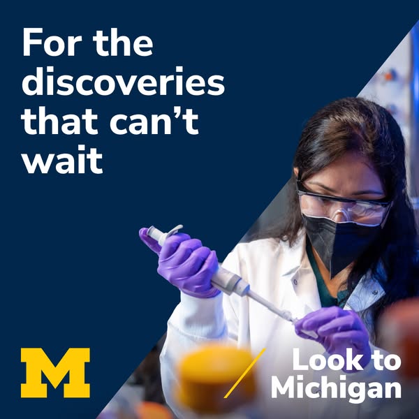 This ad for The University of Michigan features a scientist in a lab and focuses on the theme of discovery.
