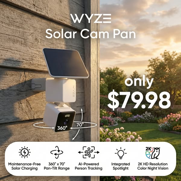This ad showcases the WYZE Solar Cam Pan, highlighting its key features like maintenance-free solar charging, 360° x 70°