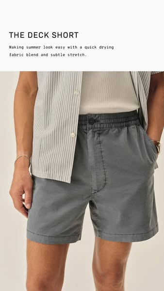 The ad presents a pair of shorts. The shorts are called 'The Deck Short' and are shown on a model. They are desc