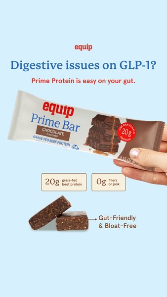 This image ad promotes Equip Prime Bar as a gut-friendly protein source for people who may be experiencing digestive iss