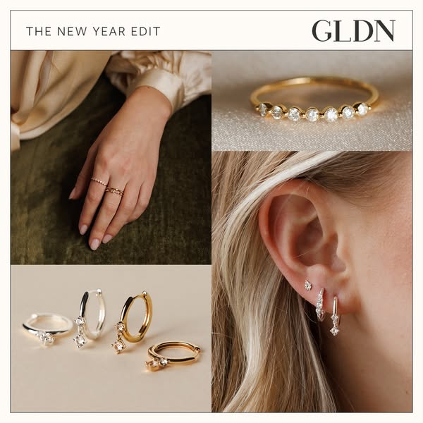 This ad showcases GLDN jewelry, specifically rings and earrings, in a collage-style layout. The ad is titled 'The Ne