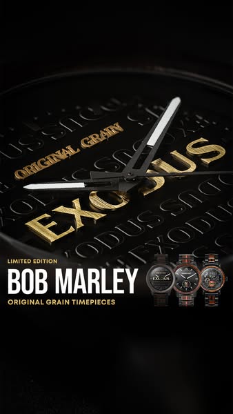 The ad showcases a series of Bob Marley-themed limited edition watches from Original Grain, with the watch face and band