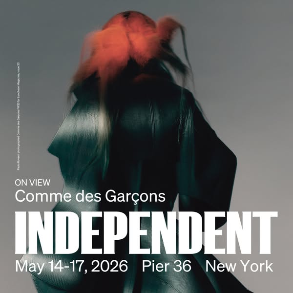 This ad promotes an upcoming Comme des Garçons event, showcasing the brand's independent spirit and avant-garde aest