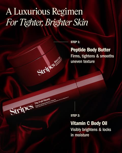 This image ad showcases two Stripes products, Peptide Body Butter and Vitamin C Body Oil, presented as a luxurious regim
