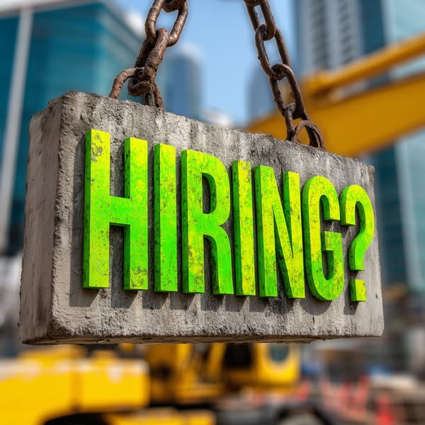 This image ad uses a striking visual of a concrete block with the word "HIRING?" in bright green to grab atten