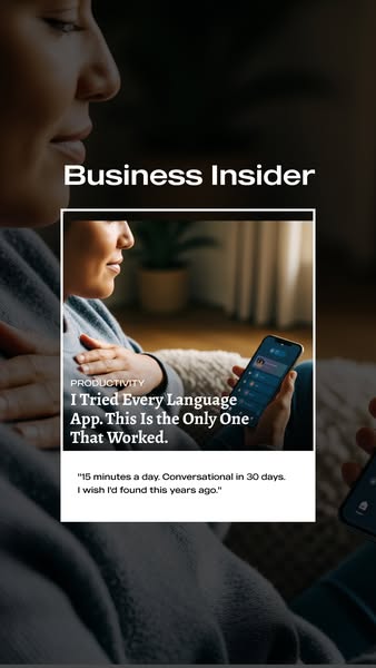 A woman is seen partially out of focus in the background, while in the foreground there is an article published by Busin